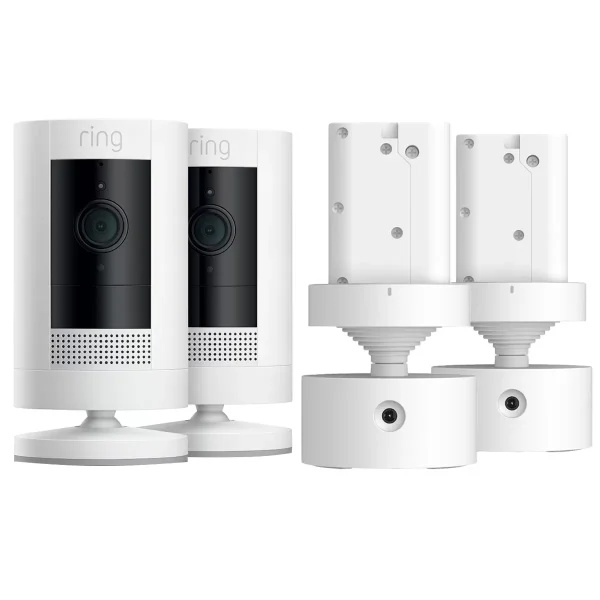 ring stick up cam 2 pack and pan tilt mount with indooroutdoor power adapter 2 pack